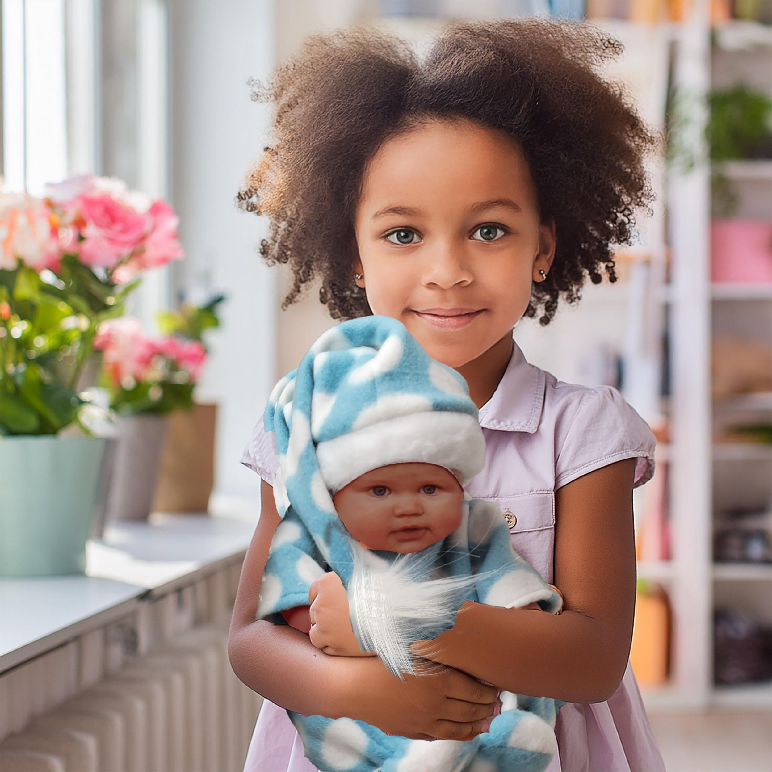 Custom Footed Pajamas for 10in Doll-Doll Blue White Cloud Pajamas with Pixie Nightcap-Bedtime Clothes for 10 inch Doll-Doll Nap Pajamas