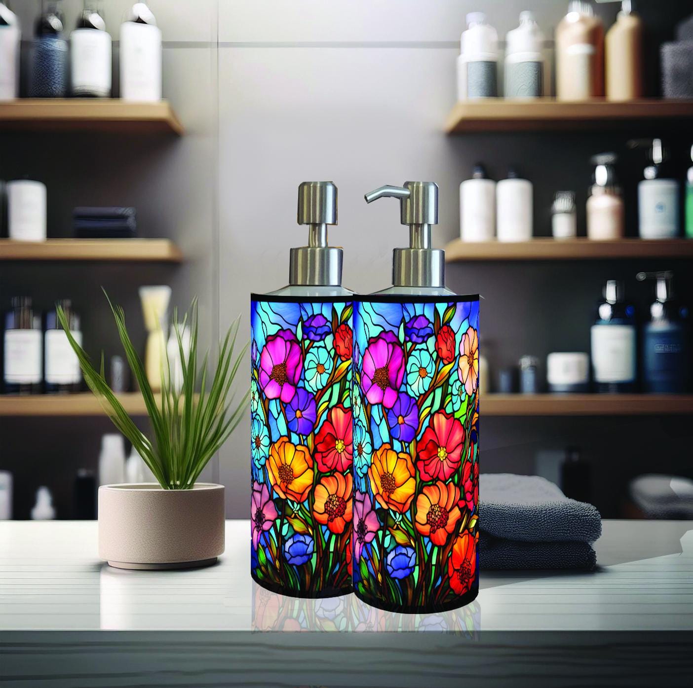 Soap or Lotion Pump Dispenser White Enamel Stainless Steel Sublimated Stained Glass Floral Abstract Art Sea Life Animals Custom Your Design - Thumbnail 7