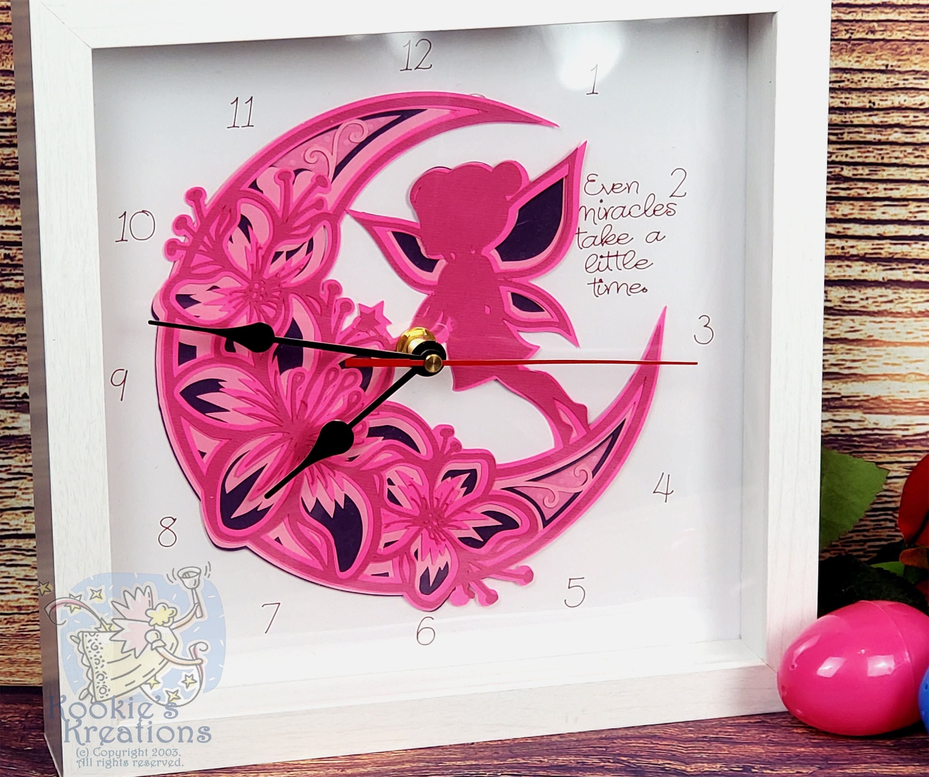 Nursery Clock-Fairy on the Moon-Miracles Take Time-Pink & Purple Wall Clock-Baby Infant Home Decor-Wall Decor-Child Decor-Kids Framed Clock- - Thumbnail 2