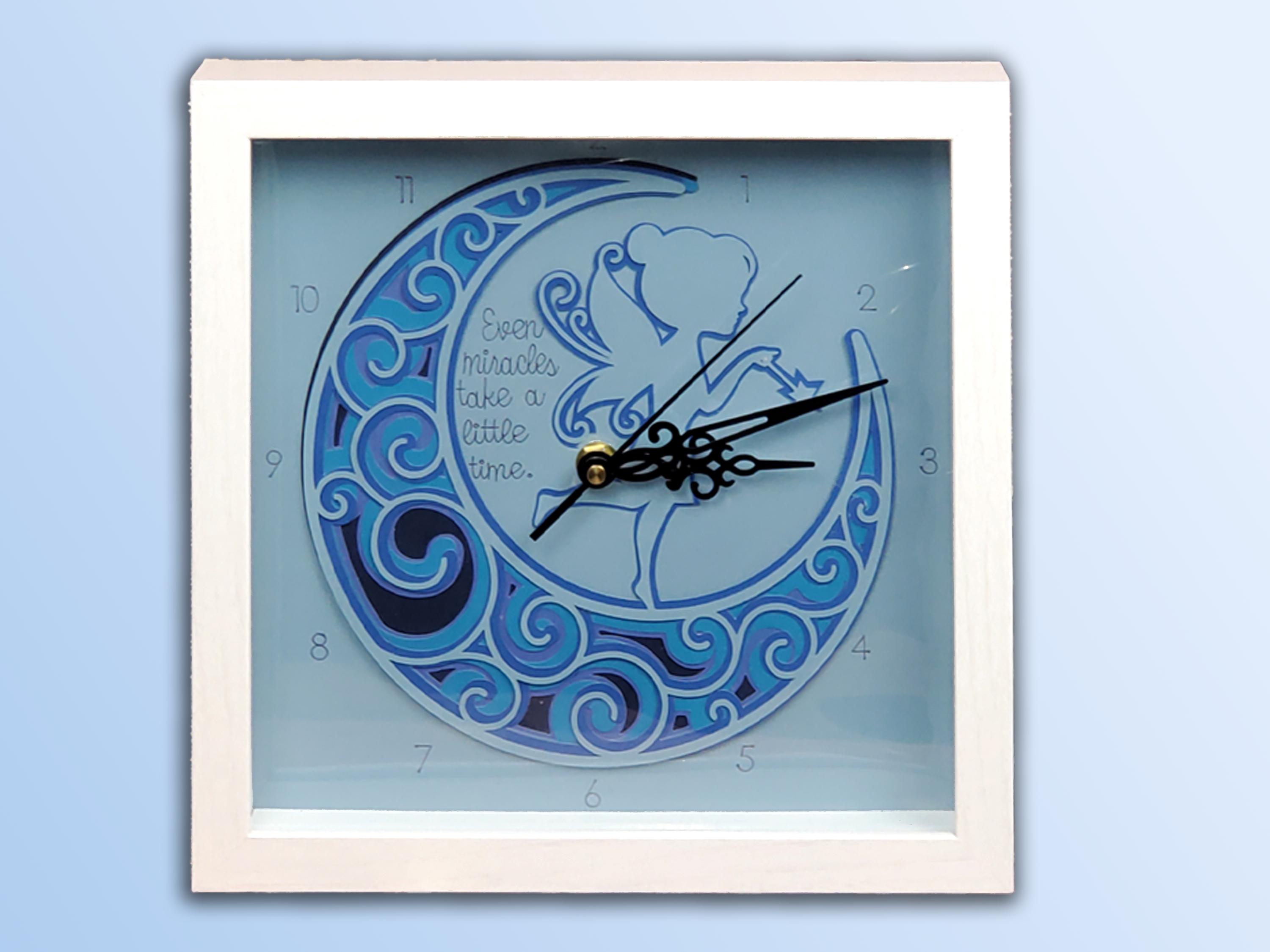 Nursery Clock - Fairy on the Moon-Heart in Hand-Shades of Blue-Baby-Infant-Home Decor-Wall Decor-Wall Clock-Nursery Decor-Fairy Decor - Thumbnail 2