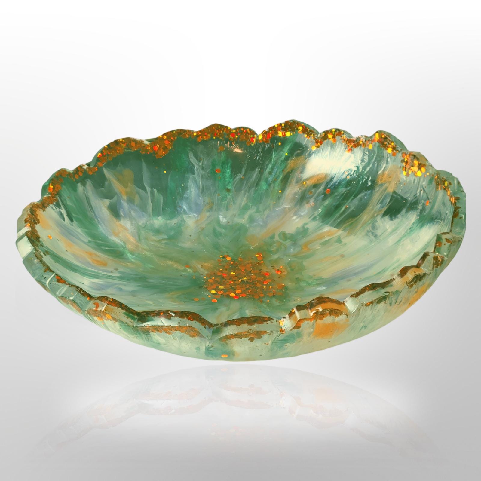 Floral Patterned Resin Bowl-Enchanting Resin Accent Dish-Decorative Centerpiece-Green & Peach with Gold Glitter Accent-Flower Pattern Tray - Thumbnail 2