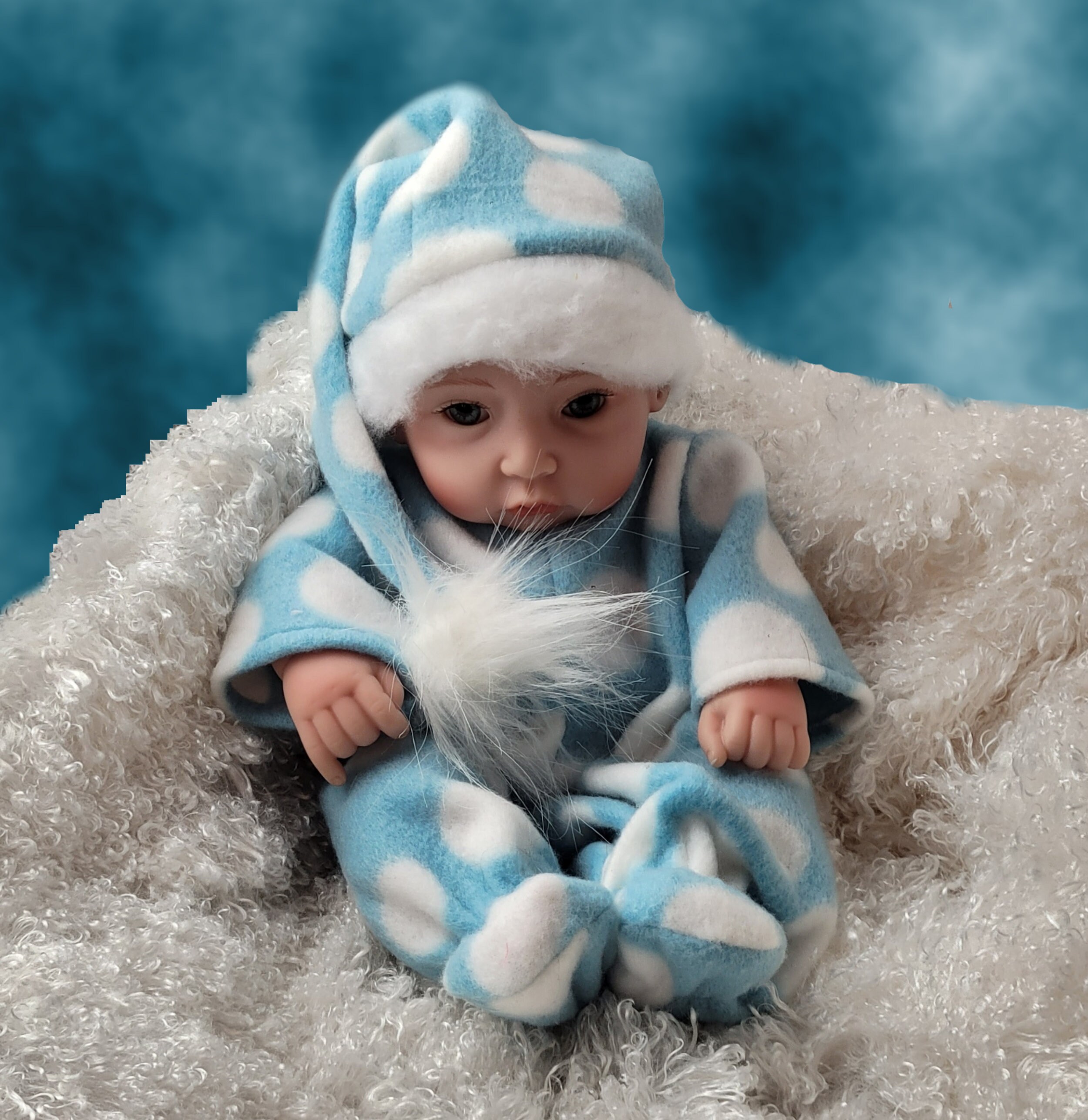 Custom Footed Pajamas for 10in Doll-Doll Blue White Cloud Pajamas with Pixie Nightcap-Bedtime Clothes for 10 inch Doll-Doll Nap Pajamas - Thumbnail 2