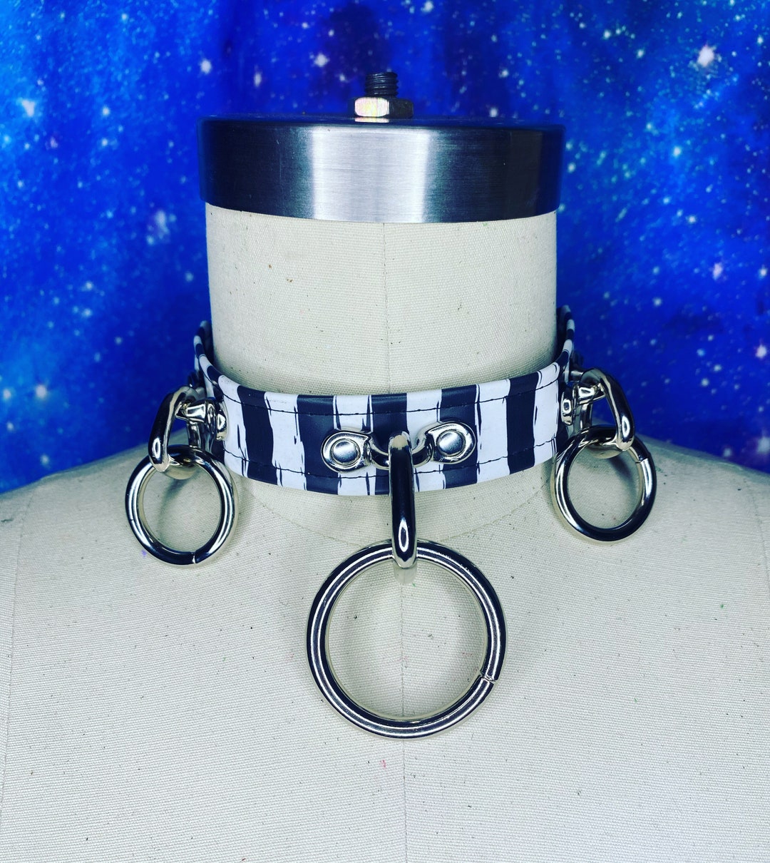 Black and White Striped Goth Bondage Triple O Ring Vinyl Collar Choker