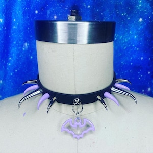 Pastel Goth Bat Cat Pink Lavender Fang Spiked Vinyl Collars, spiked choker, catgirl collar, bat choker, goth gift
