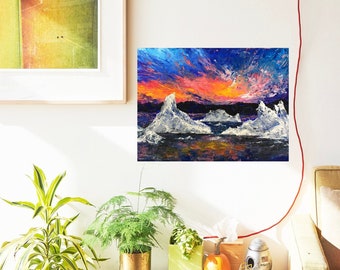 Icebergs at sunset, Abstract landscape, Acrylic ocean painting, Original artwork, Art, Digital print, Instant download