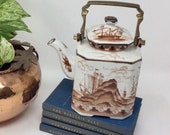 Vintage Chinese Tea Pot w British Chinese Ships-Brown-White Porcelain-Kettle-Brass Swing Handle w sailing ships at sea