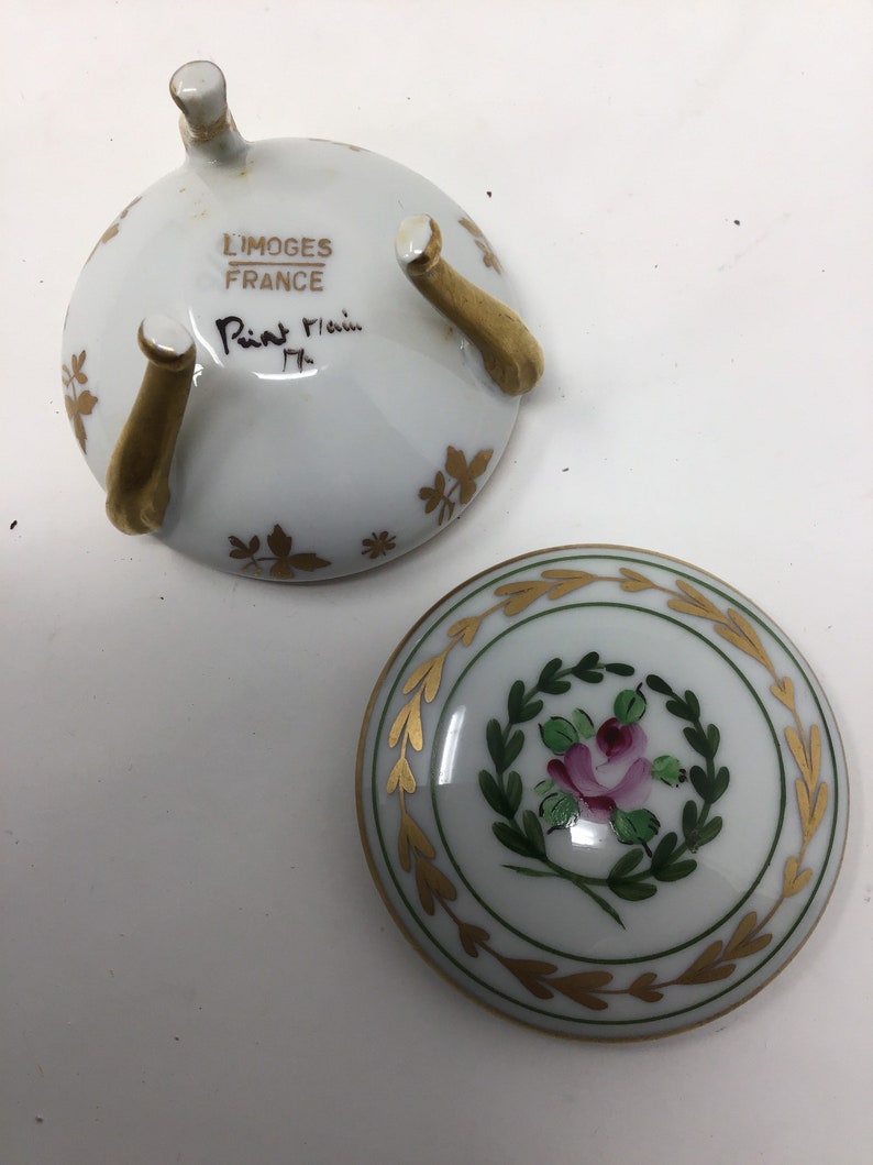 Limoges France Porcelain Round Rose 3 Claw Footed Trinket Box Limoges France trinket box Signed on bottom Ring box