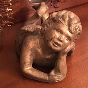 Vintage cherub figurine with gold finish, Florentine style Angel,Gold Gilt Cherub, adorable Cherub, Christmas, precious face. 12 inch angel.