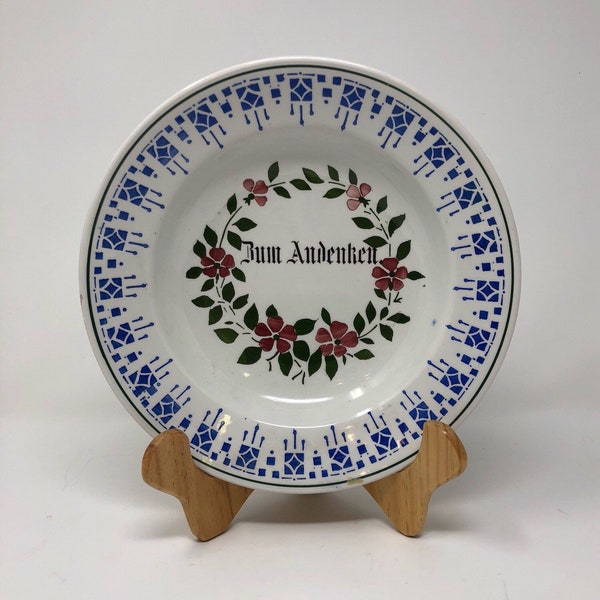 Beautiful Zum Andenken Plate-German-Means In memory of or in remembrance-Blue and white edges with flowers-(scripty writing looks like Bum)