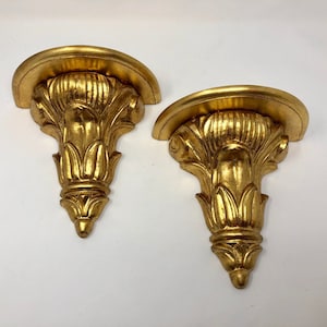 Mid century Italian Giltwood shelf bracket, pair of Italian neoclassical hand carved Florentine giltwood wall sconce