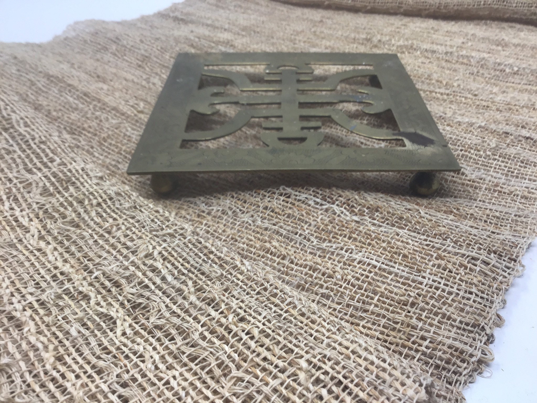 Vintage Chinoiserie Chinese Brass Trivet. Marked China. Etsy