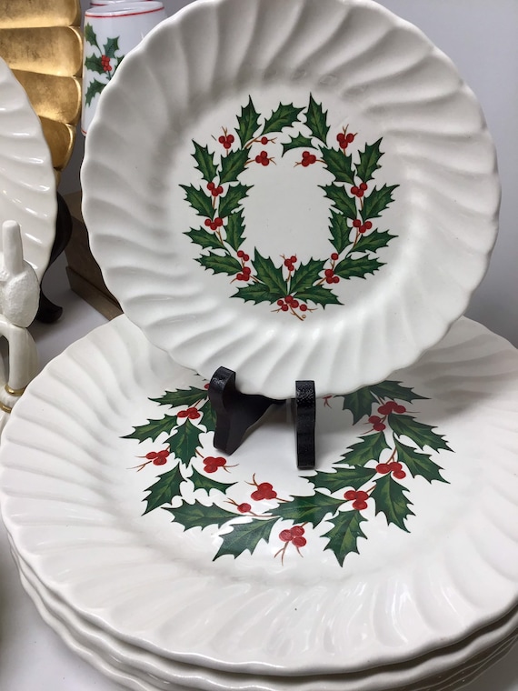 Christmas Plates SCIO vintage Christmas Holly Wreath plates, bread and butter ,cups and saucers, (set sold sep-includes plate/bb/cup/saucer