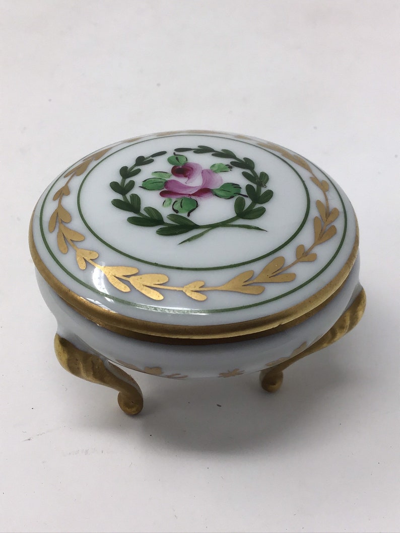 Limoges France Porcelain Round Rose 3 Claw Footed Trinket Box Limoges France trinket box Signed on bottom Ring box