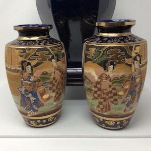 Lovely pair of late 19th/early 20th century Japanese Satsuma Kinkozan Vase and Cobalt Vase. Geisha motif.(sold separately)