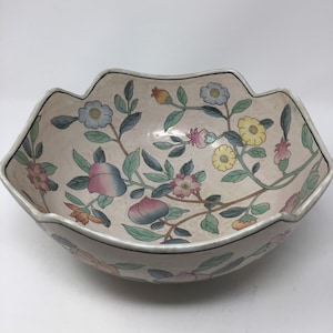 Large Vintage Decorative &quot;Dynasty&quot; Bowl By Heygill & H.F.P. Macau Hand Painted Peach Motif/ stamped on bottom. 20th century Chinese