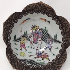 Vintage handpainted Chinese porcelain bowl made in Macau. Gorgeous Large Hand Painted Lotus Shaped Oriental Decorative Bowl