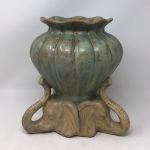 Elephant Vintage Majolica Pottery/ Elephant Head Planter Pot /Lucky Jardiniere Cachepot, three elephant head vase, trunk up