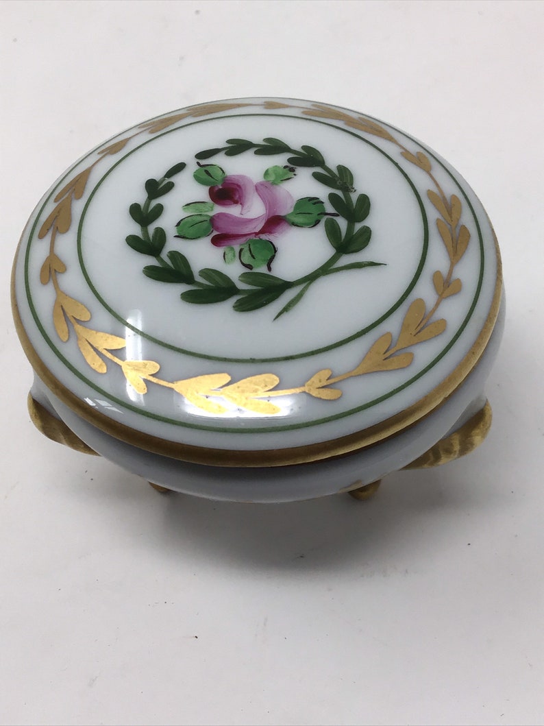 Limoges France Porcelain Round Rose 3 Claw Footed Trinket Box Limoges France trinket box Signed on bottom Ring box