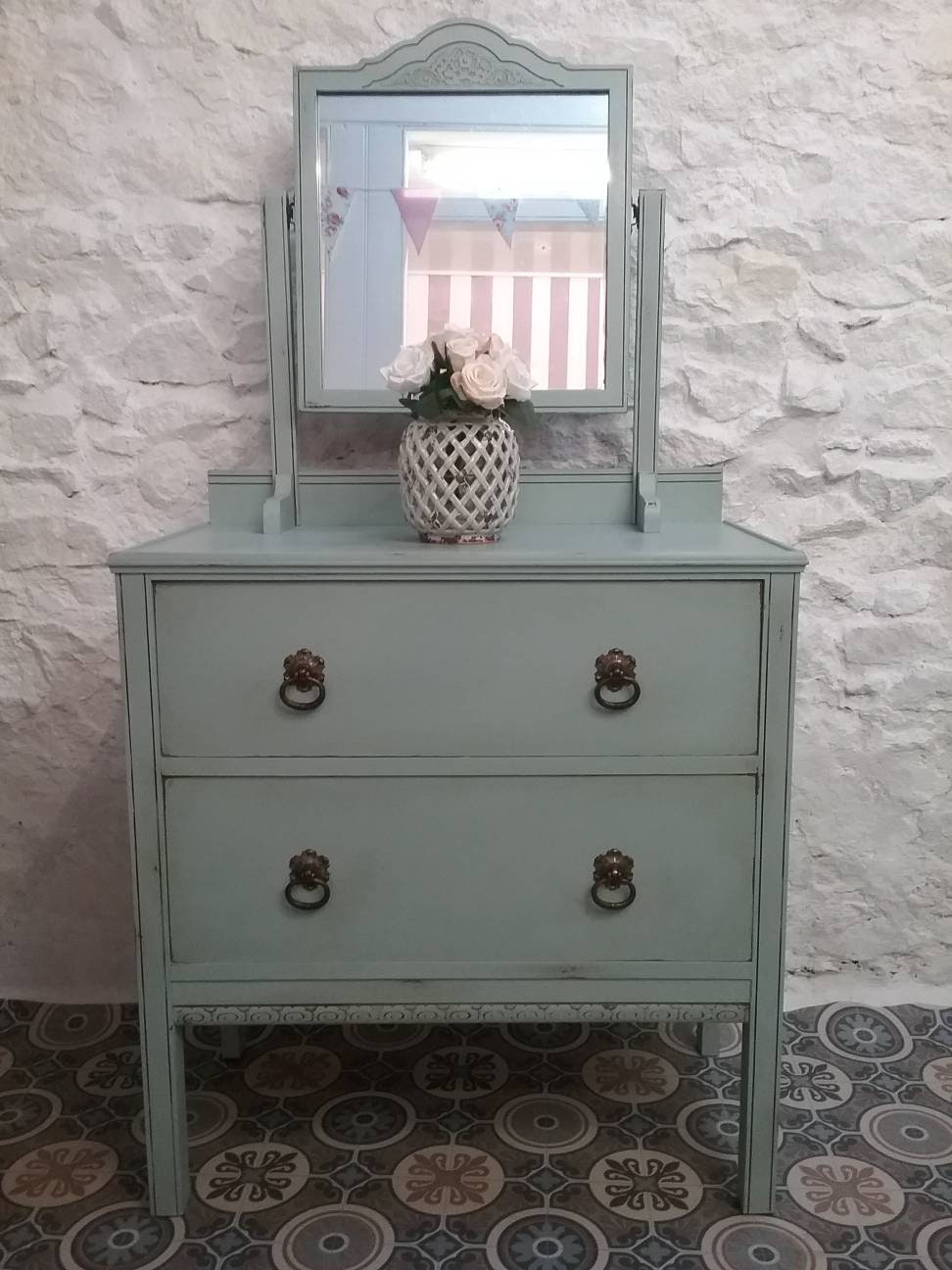 Vintage Hand Painted Dresser With Mirror Duck Egg Blue Chest Of