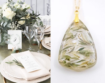 HORTENSE • Sautoir grand pendentif forme TRIANGLE ARRONDI • Transformation bouquet de mariée • Souvenir mariage • Collier Bijou Résine fleur