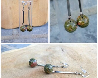 Khaki and pink glass bead and minimalist earrings