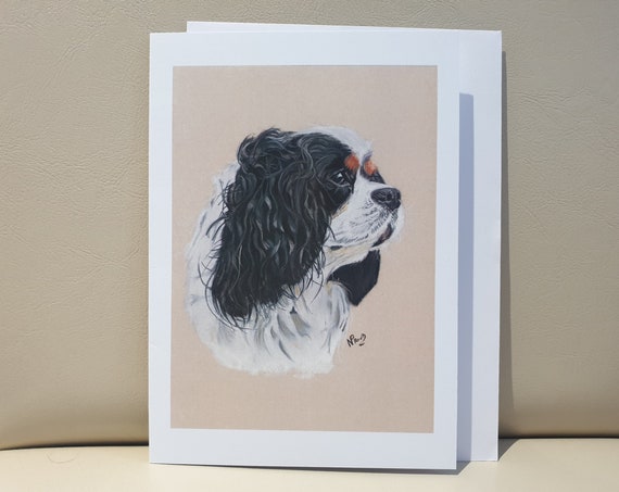Cavalier King Charles Spaniel Black - colour pastel blank greeting card - 177 x 126mm