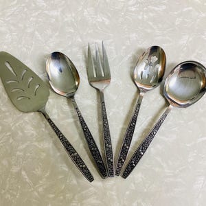 5 Piece Pageant Harvest Flatware Serving Set, Stainless Serving Set, Japan, Vintage Silverware, Meat Fork, Pie Server, Large Serving Spoons