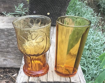 2 Amber/Brown Drinking Glasses Tumblers, Vintage 1970s vibe