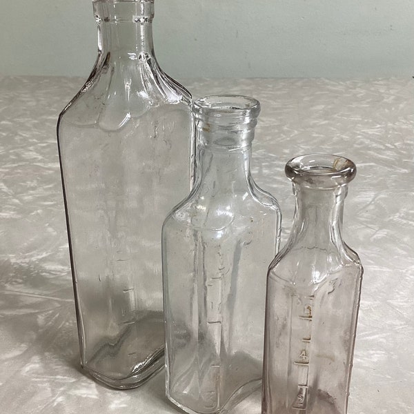 Set of 3 Clear Glass Medicine Bottles, Antique Early 1900s Cork Top Bottles