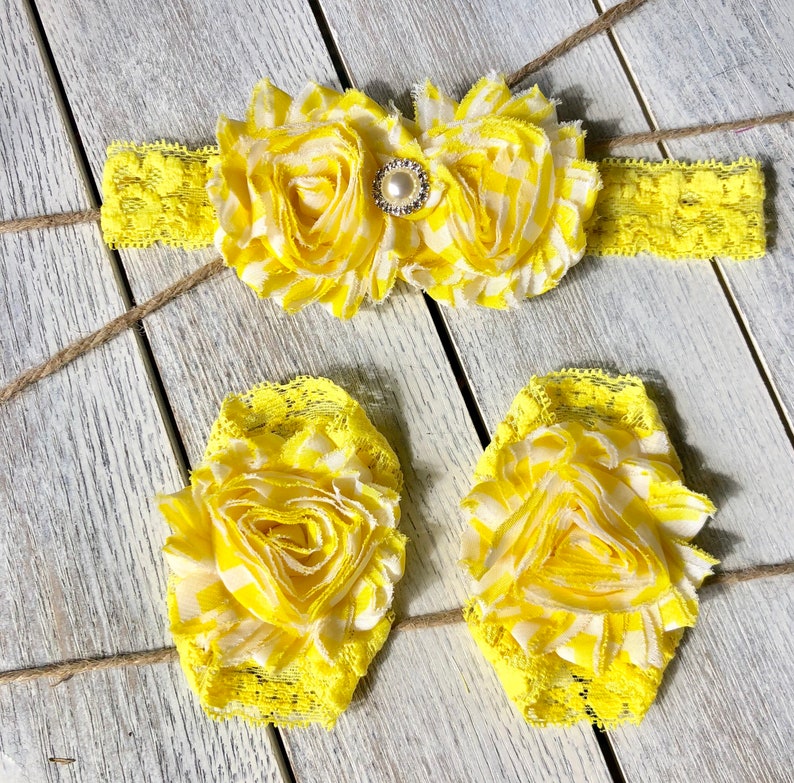 Baby Gift 6-12 Month Headband and Sandal Set Lace Stretchy Sandals Yellow
