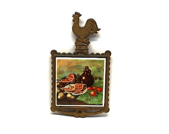 Vintage Cast Iron Trivet Fruit Jug Tile Center Rooster Topper Footed Japan, hot plate, trivet, kitchen, kitchen gift, kitchen, neighbor gift