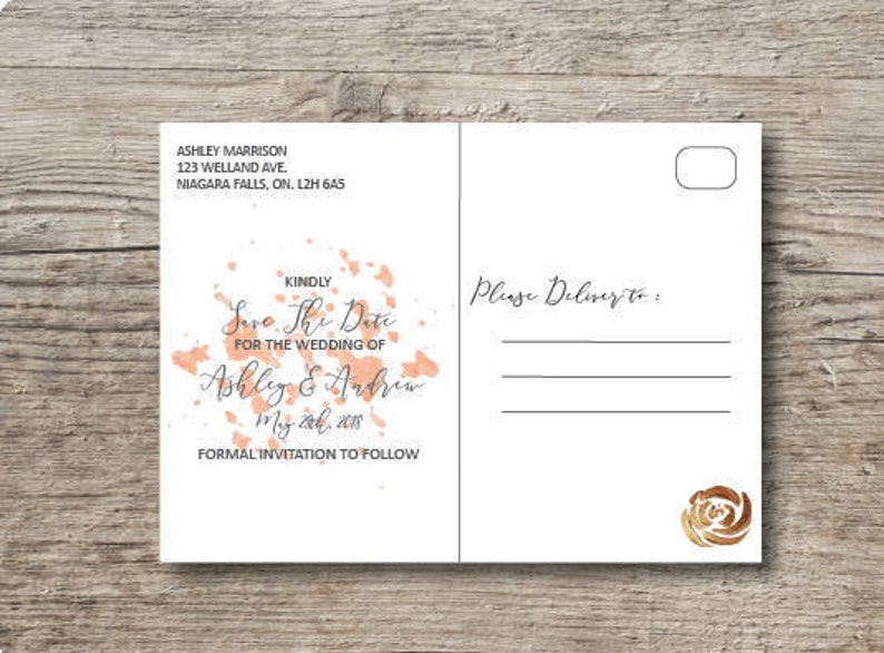 Gold and pink Save the date postcard Printed save the date postcard. Wedding save the date template Save the date postcard template