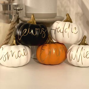 May include: Five decorative pumpkins in black, white, and orange, each with a gold stem and a name in gold script. The pumpkins are displayed on a white surface. The names are 'Lewis', 'Freddie', 'Grace', 'Emmy', and 'Willie'.