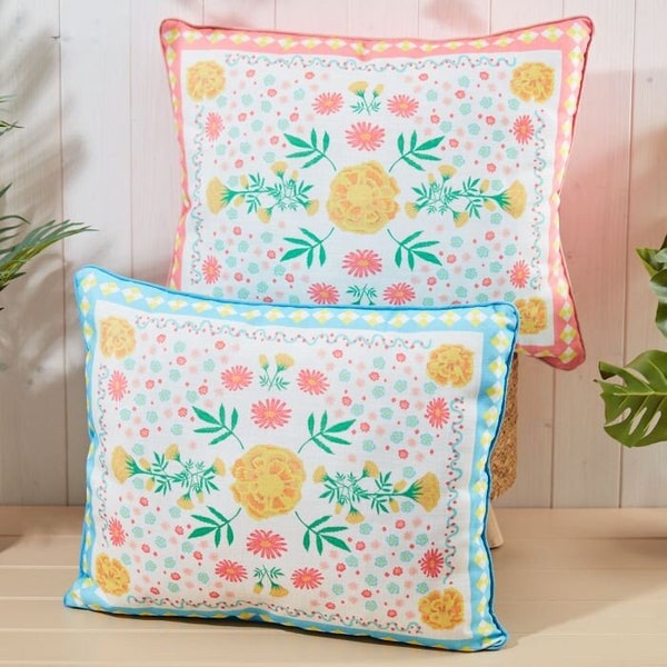 Bright retro floral outdoor cushion | Pink and Blue outdoor cushion