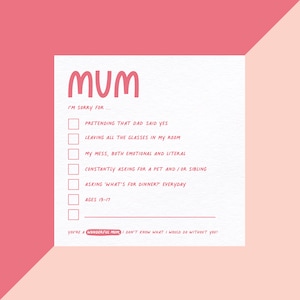 Grappige verjaardagskaart &#39;Sorry Mum&#39;: ontwerp afvinklijst