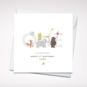 Erster Geburtstagskarte | Personalisierte erste Geburtstagskarte | Tier 1. Geburtstag | Neffe 1. Geburtstag | Enkel erster Geburtstag