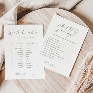 Puede incluir: Dos tarjetas de juego imprimibles para una despedida de soltera o una fiesta de bodas. La primera tarjeta pregunta "Would she rather..." y enumera una serie de opciones. La segunda tarjeta pregunta "What did the groom say?" y enumera preguntas sobre la novia.