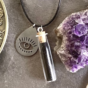 Black Salt Protection Amulet, Spell Bottle Necklace, Spiritual Energy Magick Talisman, Occult Ritual Jewelry