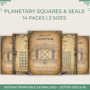 Puede incluir: Conjunto imprimible de 14 páginas con cuadrados y sellos planetarios. Cada página tiene una estética vintage con un fondo marrón y bordes negros ornamentados. Las páginas incluyen los sellos de Júpiter, Venus, Mercurio, Saturno y el Sol.