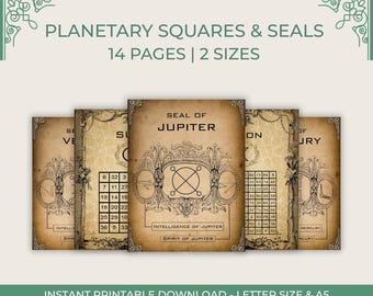 Bundel planetaire vierkanten en zegels, digitale download, 14 pagina's en 2 formaten, afdruk astrologische kunst, inzetstukken grimoire en boek der schaduwen