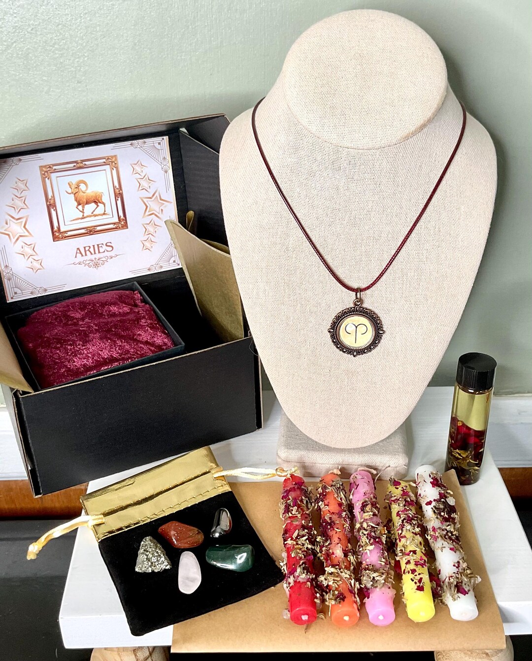 Aries Gift Box, Aries Amulet, Dressed Ritual Candles, Aries Gemstones ...