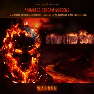 May include: A fiery skull with glowing red eyes, set against a background of swirling flames and the text "STARTING SOON" in a bold, metallic font. The words "WARDEN" appear at the bottom of the image.