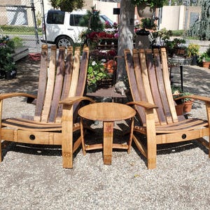 Unique Wine Barrel Adirondack Chair Set (2) with Rustic Barrel Lid Side Table – Perfect for Outdoor Relaxation / Eco Friendly Furniture