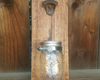 Wall Mounted Iron Bottle Opener w/ Mason Jar cap catcher- Reclaimed Oak