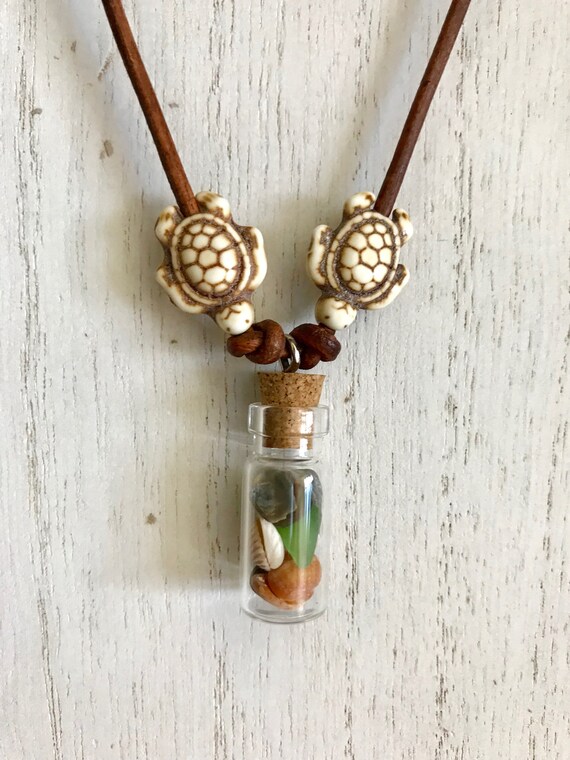 Pirate Beach Blue Sea Glass 18/" Necklace Leather Cord Turtle Charm Glass Beads