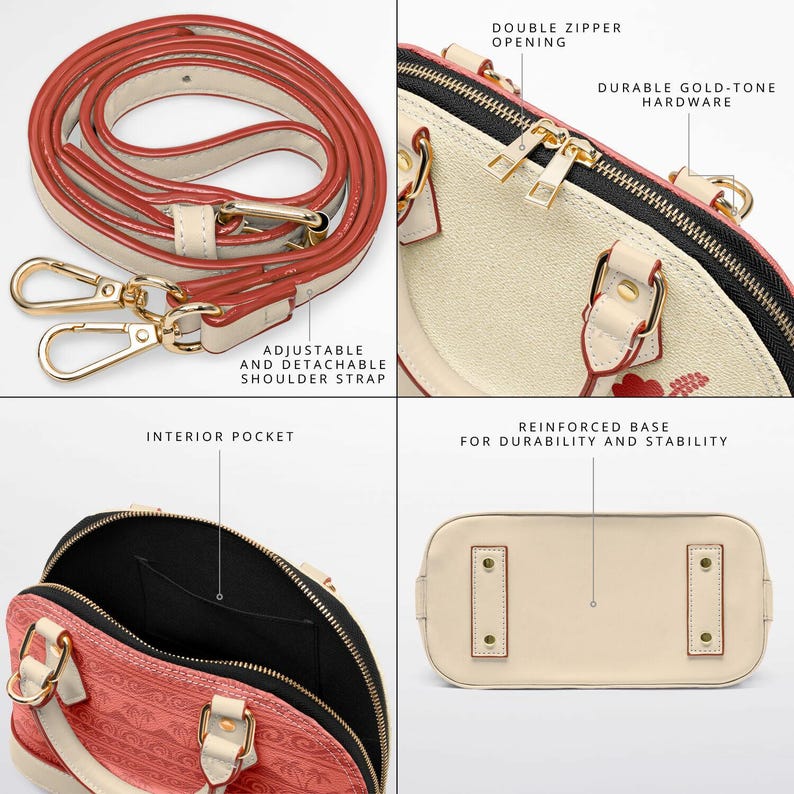 May include: Cream-colored handbag with red accents, gold-tone hardware, and an adjustable, detachable shoulder strap. Features a double zipper opening, interior pocket, and reinforced base. The bag's design includes floral patterns.
