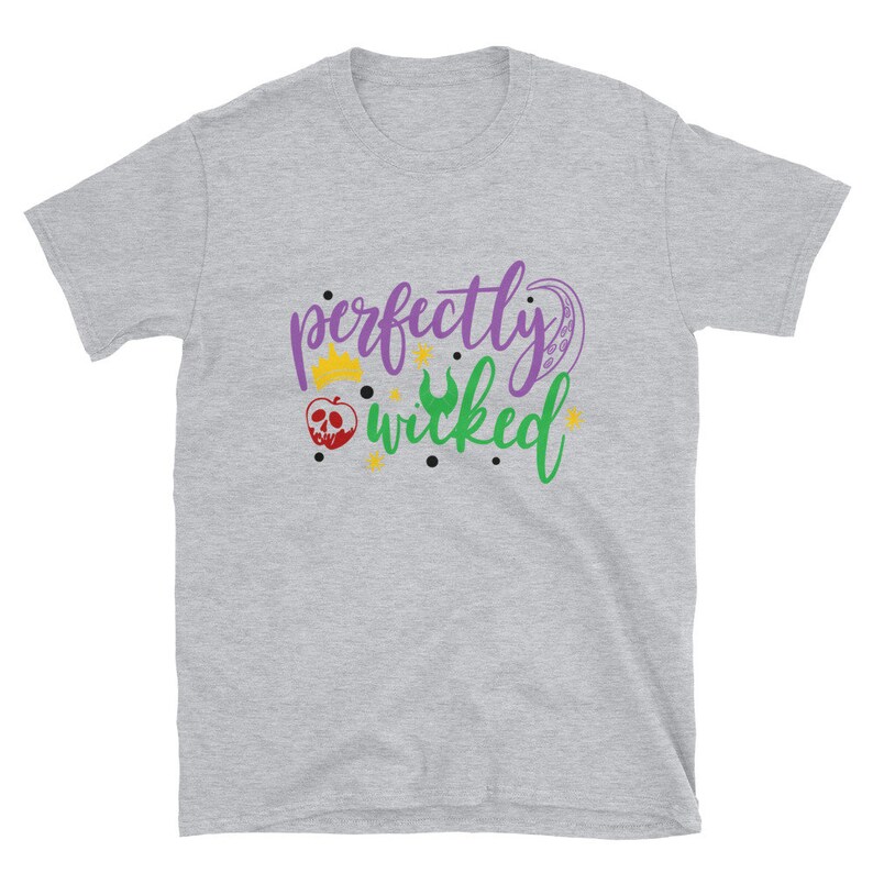 May include: A gray t-shirt with the text "perfectly wicked" in purple and green lettering. The text is surrounded by stars and a crown and a poison apple.