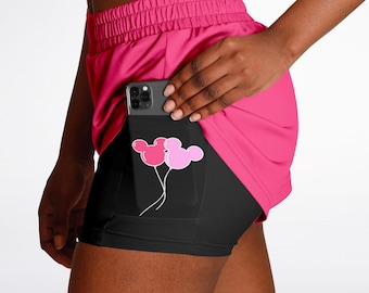 Pantalones cortos deportivos de doble capa con globos de Mickey rosa para mujer / Pantalones cortos Disney / Pantalones cortos Run Disney / Úselo para Disney