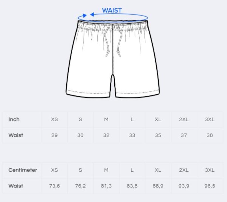 K&ouml;nnte beinhalten: Wei&szlig;e Sporthose mit Kordelzugbund, dargestellt mit einer Gr&ouml;&szlig;entabelle. Die Tabelle zeigt Taillenma&szlig;e in Zentimetern, von 73,6 cm (XS) bis 96,5 cm (3XL).