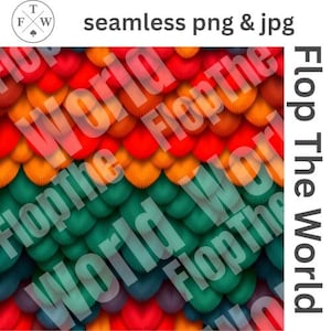 May include: A colorful seamless pattern with a scale-like design in shades of red, orange, green, and blue. The text "seamless png & jpg" is at the top, and "Flop The World" is overlaid on the image.